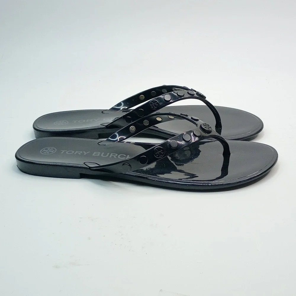Tory Burch Jelly Studded Flip Flop Women Size 7 Black PVC Thong Sandal